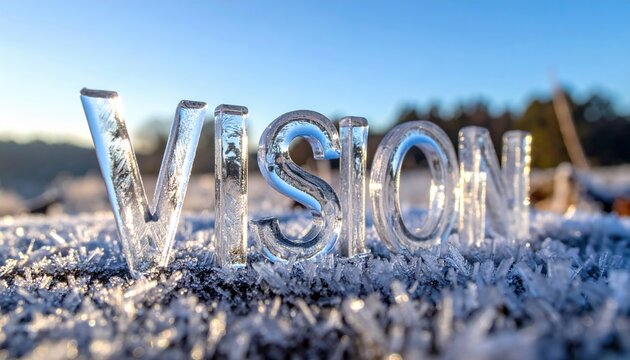 The word VISION carved from clear ice, standing on a frost-covered ground during a cold winter morning, golden hour sunlight creating lens flares and sharp shadows, inspirational concept
