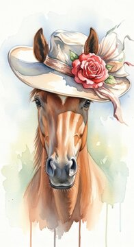 Watercolor brown horse portrait wearing elegant floral sun hat