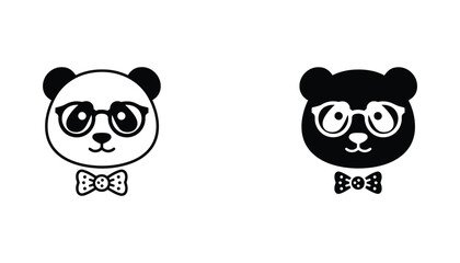 Cute panda head with glasses and bowtie vector icon in outline and solid black style for education or fashion design © Nova