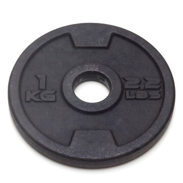 Single Black Iron Weight Plate with 1 KG and 2.2 LBS Markings on White Background