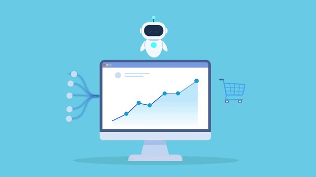 Animated AI-powered e-commerce analytics dashboard with a shopping cart icon, representing online sales, customer purchases, conversion tracking, and retail performance.