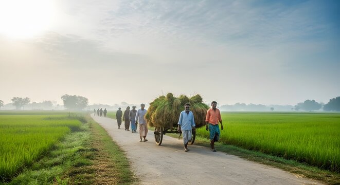 South Asian farmers transporting harvested paddy on bullock cart at sunrise.
