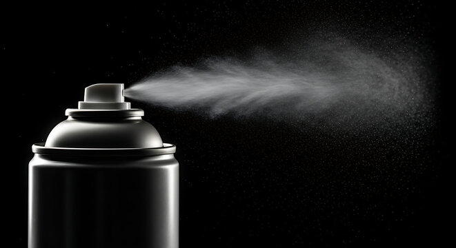 Close-up shot of a dark gray spray can emitting a white mist against a black background