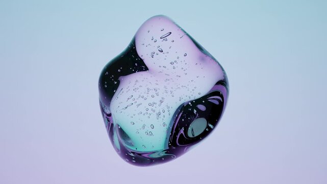 Floating Crystal Fluid Shape with Internal Air Bubble Texture on Colorful Acid Neon Gradient Background Abstract 3D Scene for Visual Storytelling