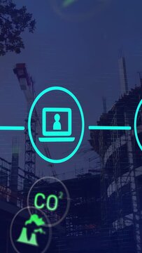 Vertical video: green recycle icon starting HUD, computer pulsing, icons orbiting site for carbon