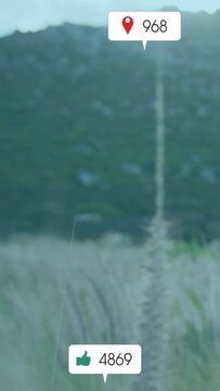 Vertical video: Location pin appearing, badges clustering and rising over grasses, showing growth