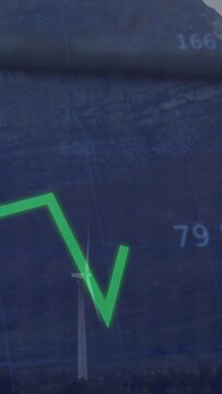 Vertical video: Numbers appearing, turbine rotating, neon chart oscillating, showing power output