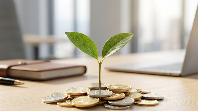 plant growing from a pile of coins