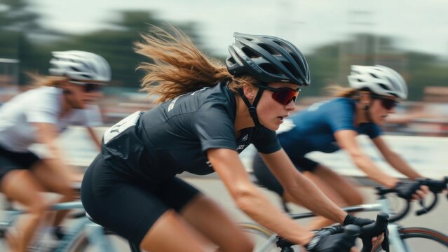 Female cyclist racing with motion blur during road competition