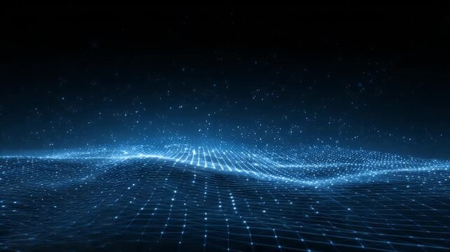 Abstract digital landscape with blue glowing grid lines and particle stars floating in dark space background representing artificial intelligence neural networks and big data flow concept.