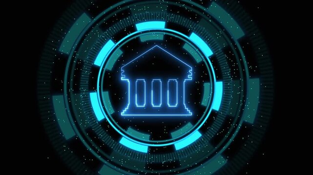 Glowing blue bank building icon in a circular HUD. Glowing blue bank building finance. Digital glowing blue bank building icon for modern banking and financial system visuals.