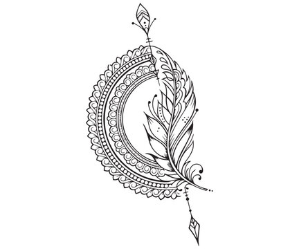 Decorative Feather with Half Mandala Ornaments and Tribal Arrows for Adult Coloring Page