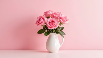 Fototapeta premium pink rose bouquet in vase on pastel pink background table for wedding birthday mothers day valentines