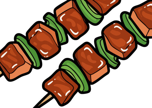 Delicious grilled meat skewers with vegetables.