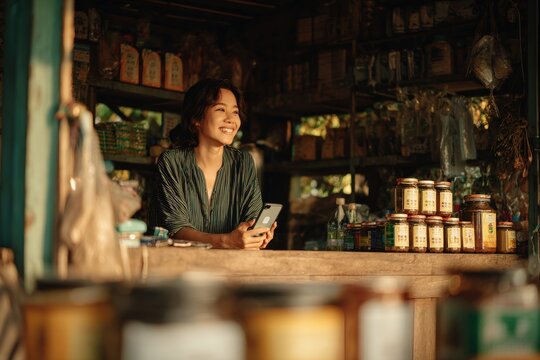 Smiling Thai Female Shopkeeper in Local Grocery Store in Thailand