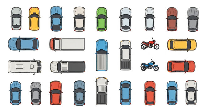 Collection of various vehicles seen from above.