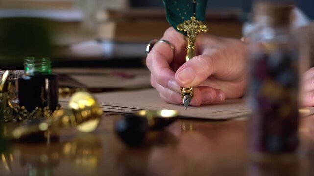 A close-up of an elegant woman's hand writing a letter with an antique pen. A girl writes a letter with an ink pen on craft paper. Letter writing.