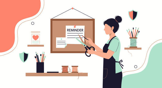 Woman cutting reminder note on corkboard, craft room, creative hobby, organization concept