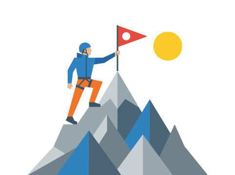 A mountain climber reaches the peak and plants a flag under the bright sun.