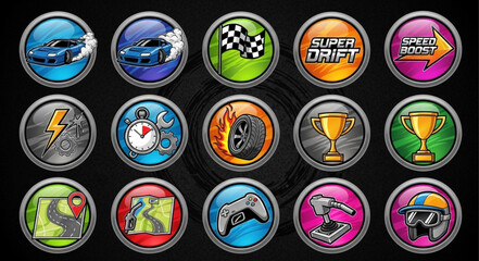 Collection of racing game icons and symbols. © Oki