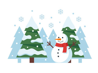 Obraz premium A cheerful cartoon snowman wearing a red scarf standing in a winter forest.