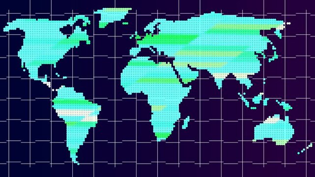 Pixelated world map with color gradient and grid lines. Pixelated world map dots. Digital pixelated world map for international data tracking and global geography visuals art.
