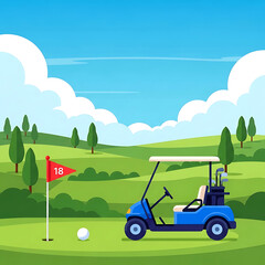 Blue golf cart on a green golf course with flag and ball