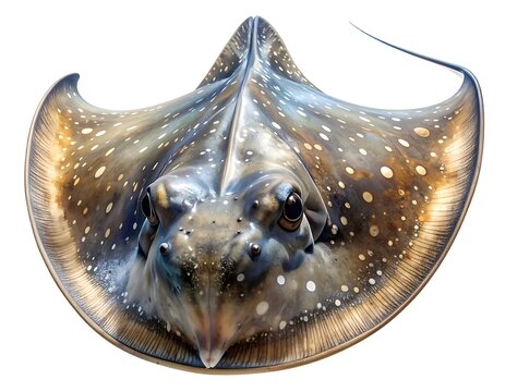 A close-up, studio shot of a stingray against a white background; its rounded, textured body is speckled. The image highlights the ray's eyes