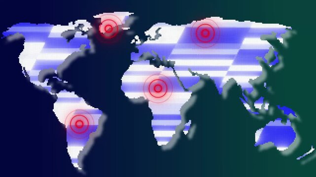 World map with red circles indicating hotspots. World map pixelated background. Digital world map for global crisis monitoring and international alert system visualizations art.