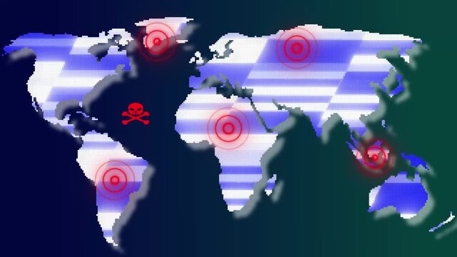 World map with red hotspots and skull symbol on blue. World map red hotspots. Digital world map for global pandemic tracking and international health alert visualizations art.