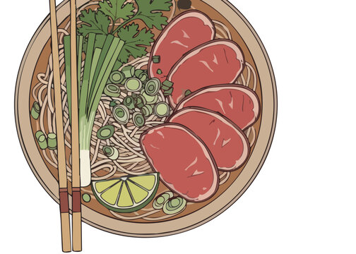 Illustration of a bowl of pho with beef slices.