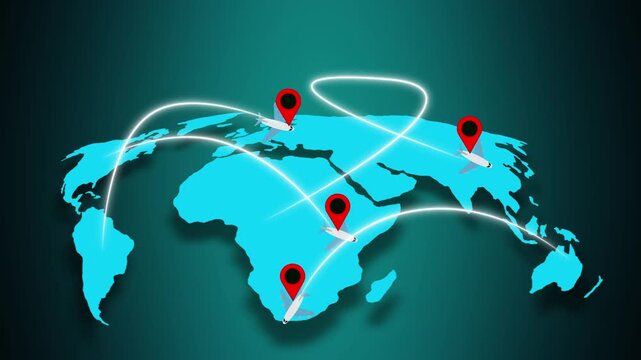 World map with airplanes and location pins on dark. World map earth continents. Digital world map for global transportation and international business network visuals art.