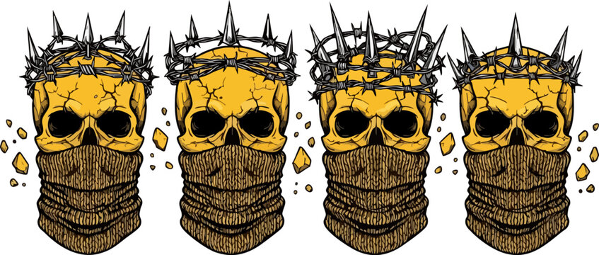 Edgy yellow skull vector set with barbed wire crowns and face masks, gothic streetwear skull illustrations, 4 dark aesthetic skull icons for apparel design