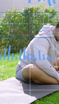 Vertical video: Overlaid charts appearing, woman checking wrist and adjusting posture for health