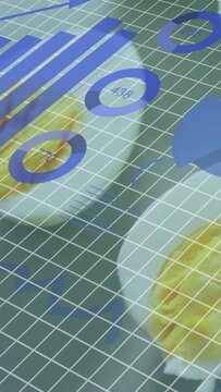 Vertical video: Data overlay shifting right down, visualizing data, rotating pie, occluding plates