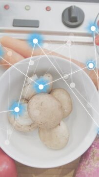 Vertical video: Blue net overlay pulsing over mushroom bowl as camera panning showing food links