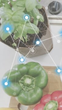 Vertical video: Hand entering sparking AR, tracking food while camera moving, green pepper center