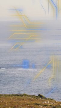 Vertical video: Pan down revealing rocky shore, circuit overlay sliding and pulsing to reveal coast