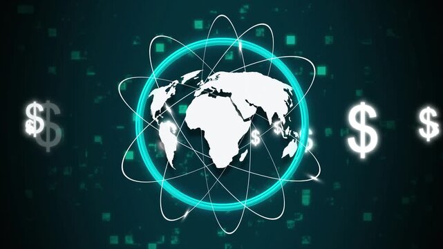 White earth silhouette with rings and dollar signs. White earth silhouette globe. Digital white silhouette of earth for global finance and international investment visuals art.