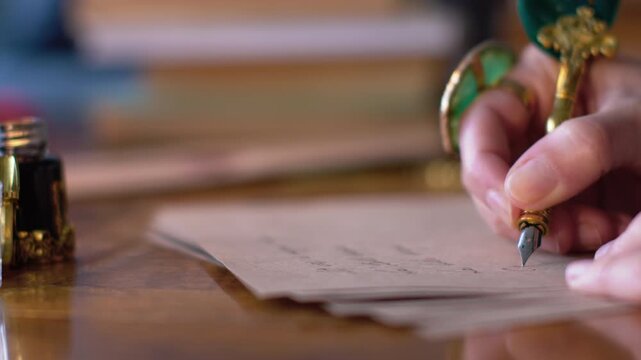 A close-up of an elegant woman's hand writing a letter with an antique pen. A girl writes a letter with an ink pen on craft paper. Letter writing.