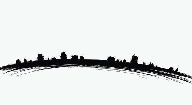 A black silhouette of a small town on a hill isolated on white background