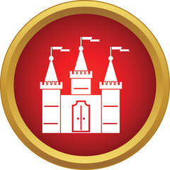 Naklejka premium Castle icon in a red circle with gold border representing fantasy, fairy tale, and medieval concepts