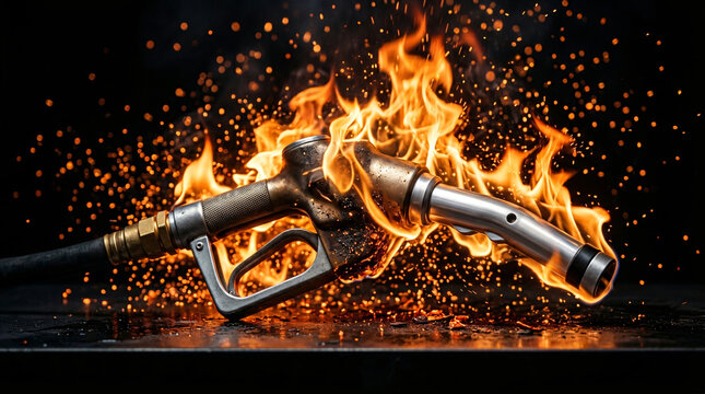 Dramatic fuel nozzle engulfed in intense orange flames and glowing sparks against a dark background representing rising gasoline prices, global energy crisis, combustible petrol, fire hazards. Power