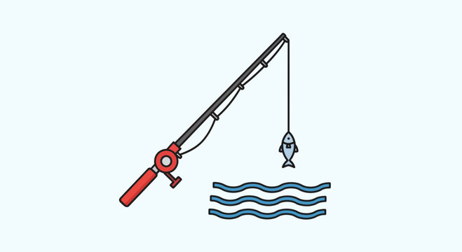 Fishing rod with a fish on the hook above wavy water, simple cartoon illustration