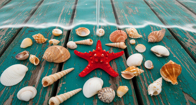 Red starfish and seashells on a green wooden pier under water. Coastal treasures arranged on rustic weathered wood. Beach vacation concept, ideal for travel and summer marketing.