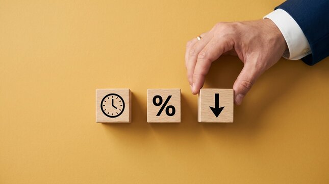 Time, Percentage and Decrease: A hand manipulating wooden blocks representing time, percentage, and a downward trend, alluding to concepts of efficiency, optimization, or financial downturn. 