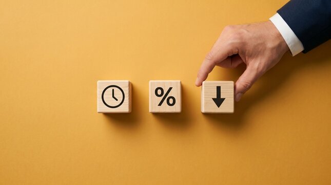 Time, Percentage, and Downturn: A conceptual representation with a hand interacting with blocks featuring time, percentage, and a downward arrow, symbolizing market decline or negative trends.
