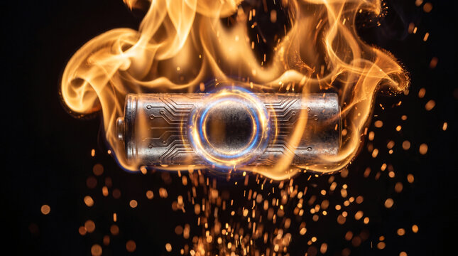 Lithium Ion Battery Fire Concept with Exploding Energy and Bright Orange Flames, Circuit Patterned Battery Overheating with Blue Sparking Rings and Glowing Embers on Dark Background, Power Safety.