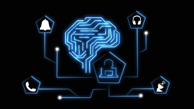 AI brain network with communication icons and circuit. AI brain artificial intelligence. Digital AI brain network for machine learning and neural technology visualizations art.
