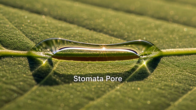 Close-up view of a water droplet on a green leaf surface highlighting the stomata pore and veins in a natural environment.